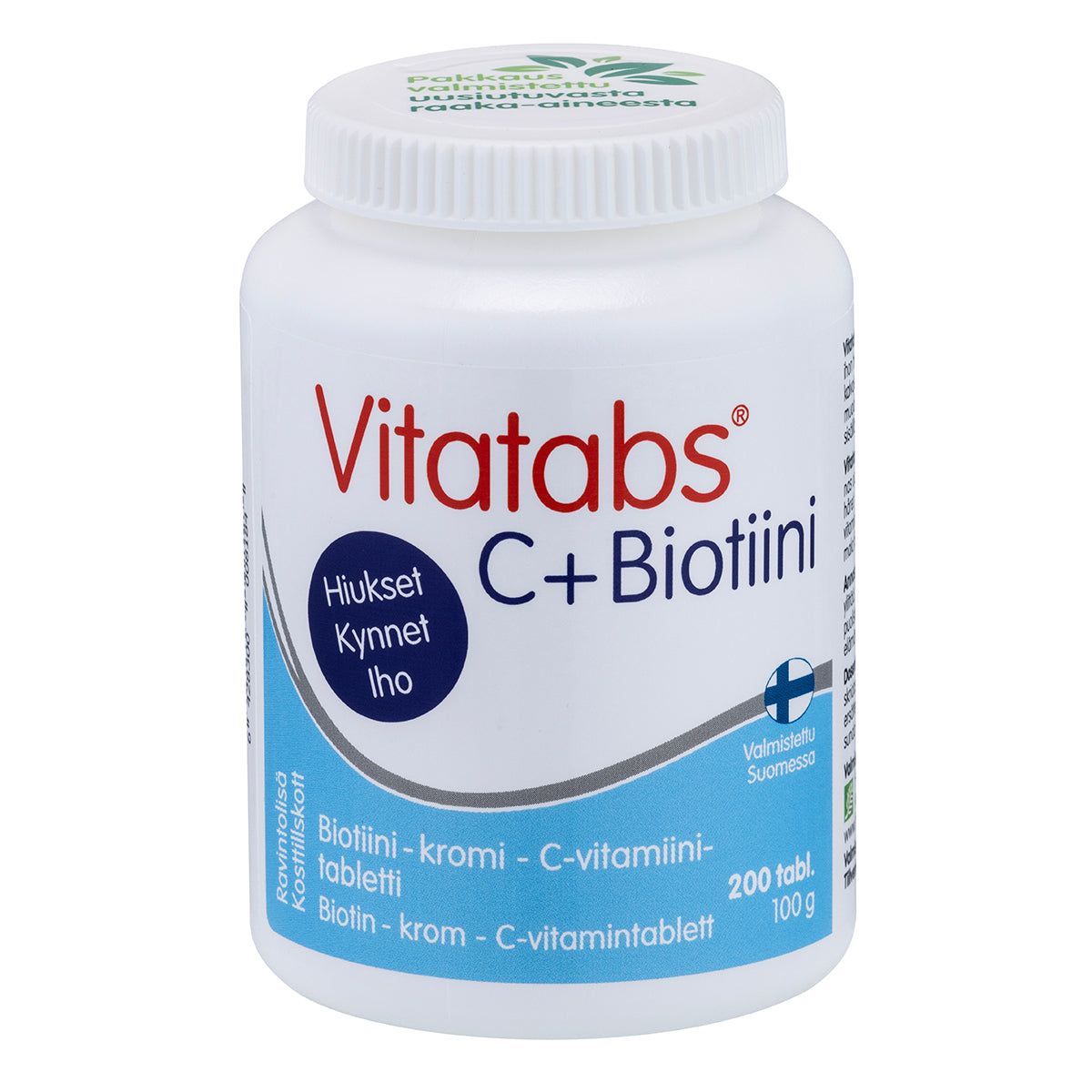 Vitatabs C + Biotiini; valkoinen muovipullo tekstillä "Vitatabs C+Biotiini" sinisellä ja punaisella painetulla tekstillä, sisältää 200 tablettia; etiketissä suomenkielistä tekstiä, sininen ristisymboli ja huomautus biotiinin hyödyistä hiuksille, kynsille ja iholle; pullon pinta mattainen ja lieriön muotoinen; fonttityyli lihavoitua sans-serifiä; ei ihmisiä tai muita esineitä, kuvattu valkoista taustaa vasten.