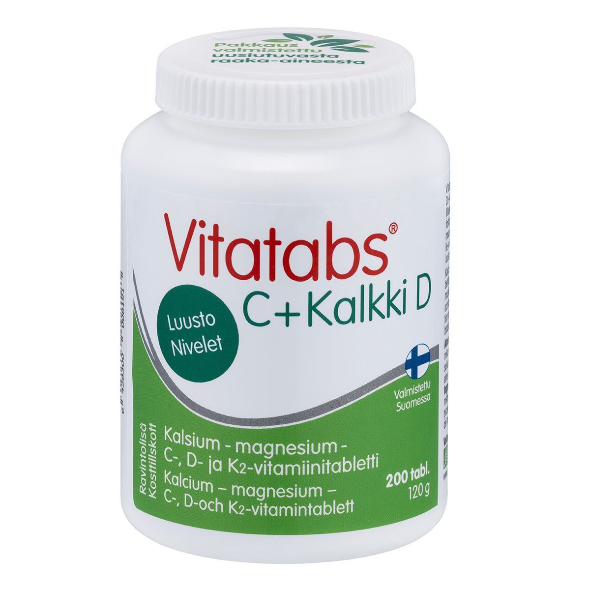 Vitatabs C + Kalkki D; valkoinen pullo Vitatabs C + Kalkki D -ravintolisälle vihreällä etiketillä; sisältää 200 tablettia, suomenkielistä tekstiä, Made in Finland -merkinnän ja tarjoaa tärkeää D-vitamiinia; muovipullo lieriön muotoinen mattapinnalla; lihavoitu sans-serif-etikettityyppografia; vain etusivun etiketti näkyvissä; tuote vaaleaa taustaa vasten, ei ihmisiä tai muita esineitä.