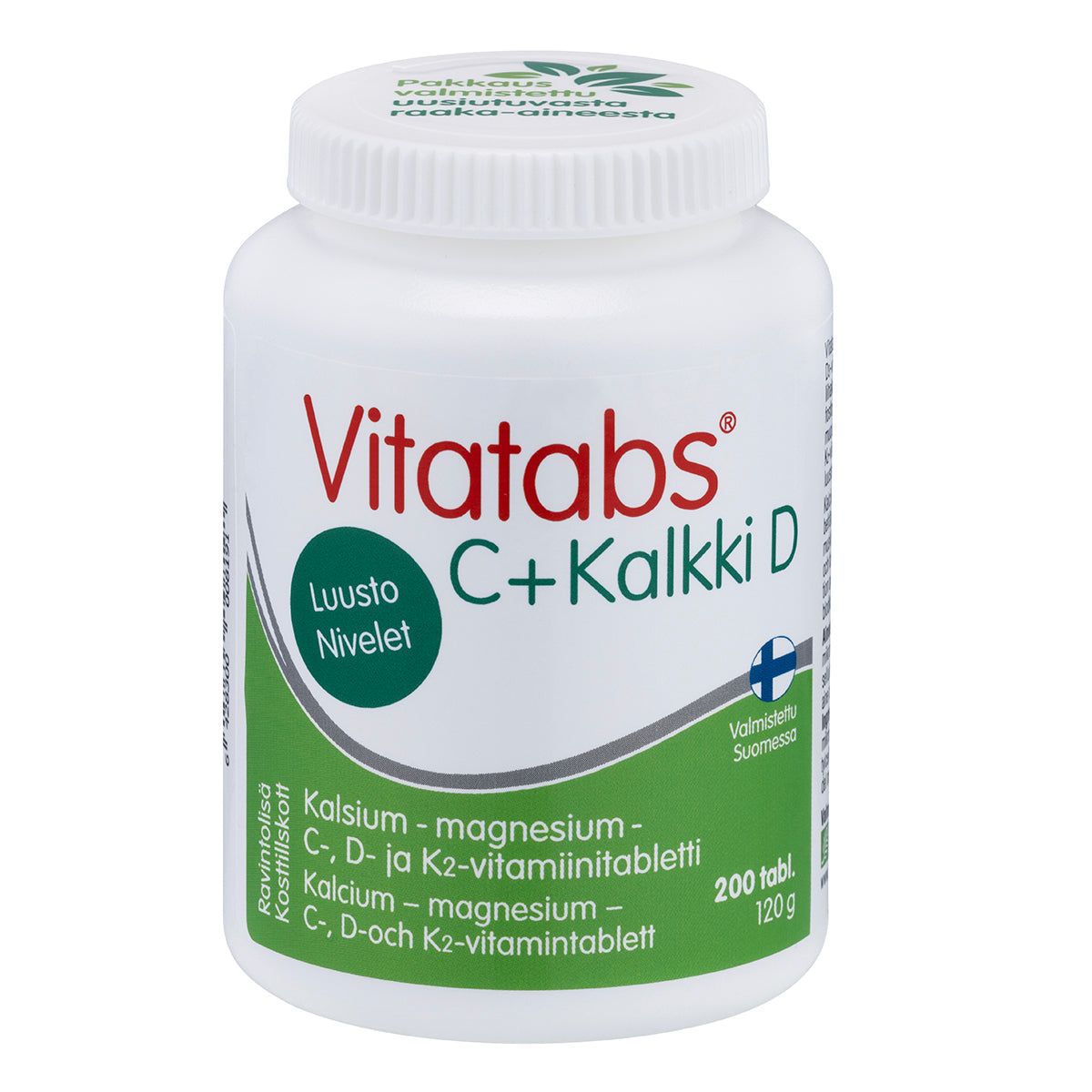 A white bottle of Vitatabs C + Kalkki D dietary supplement with a green label. The bottle contains 200 tablets and features Finnish text, a Made in Finland mark, and provides essential vitamin D. The plastic bottle is cylindrical with a matte finish and has bold sans-serif label typography. Only the front label is visible. The product stands against a plain white background with no people or additional objects present.