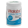 Vitatabs Kalium; lieriön muotoinen valkoinen muovipullo mattapinnalla; etiketissä "Vitatabs Kalium 150 mg" lihavoidulla sans-serif-fontilla sekä tieto 120 tabletista; suomenkielinen käyttöteksti selkeästi luettavissa etiketissä; pullossa kierrekorkki; neutraali tausta, ei ihmisiä tai tarvikkeita; kaliumin käyttö liittyy verenpaineen sekä lihasten ja hermoston toimintaan.