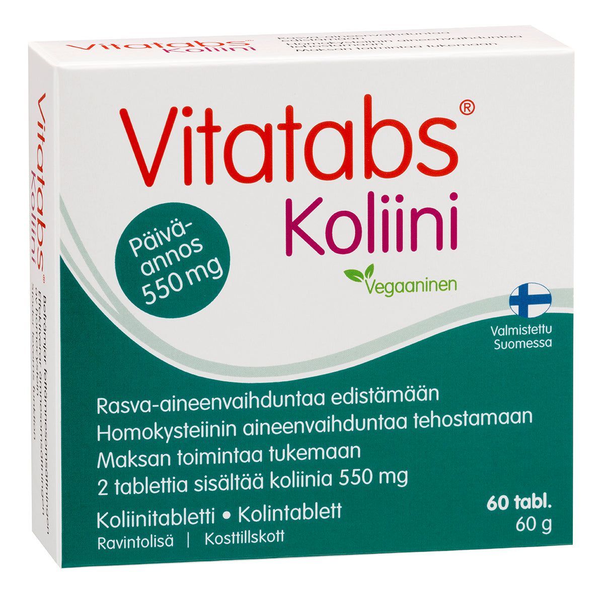 Vitatabs Koliini -tablettipakkaus; vihreää, punaista ja sinistä tekstiä; merkinnät vegaanisuudesta ja valmistuksesta Suomessa; teksti kertoo maksan toiminnan ja rasva-aineenvaihdunnan tukemisesta 550 mg:n päivittäisellä koliiniannoksella, pakkaus sisältää 60 tablettia; suorakulmainen, mattapintainen valkoinen pahvipakkaus, tuotenimi ja -tiedot tekstausvapaalla kirjasimella; kuvattu yksiväristä taustaa vasten, ei ihmisiä tai käsiä näkyvissä.