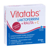 A box of Vitatabs lactoferrin and iron capsules with added vitamin C, 40 count. The rectangular box has a matte finish, primarily white on the top and sides with red sections on the lower half, and blue accent lines. Text is in Finnish, printed in bold sans-serif font. No people or hands. Shot is against a plain, light background with even lighting.