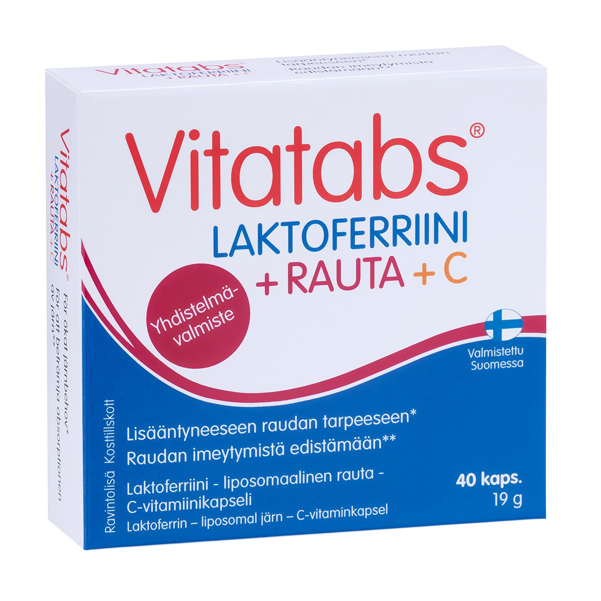 A box of Vitatabs lactoferrin and iron capsules with added vitamin C, 40 count. The rectangular box has a matte finish, primarily white on the top and sides with red sections on the lower half, and blue accent lines. Text is in Finnish, printed in bold sans-serif font. No people or hands. Shot is against a plain, light background with even lighting.