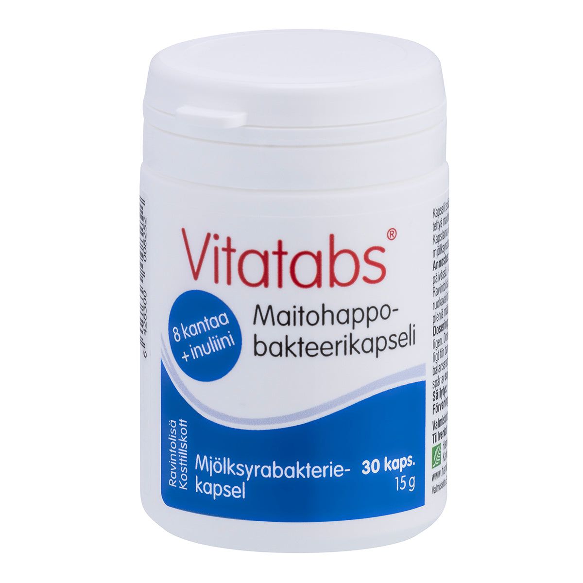 A white bottle labeled Vitatabs Maitohappobakteerikapseli containing 30 probiotic capsules. The plastic bottle has a matte finish and a cylindrical shape with a ribbed white screw cap. The label features blue color blocks and sans-serif text, with both Finnish and Swedish legible, centered on maitohappobakteeri content. Plain background, no people or hands present.