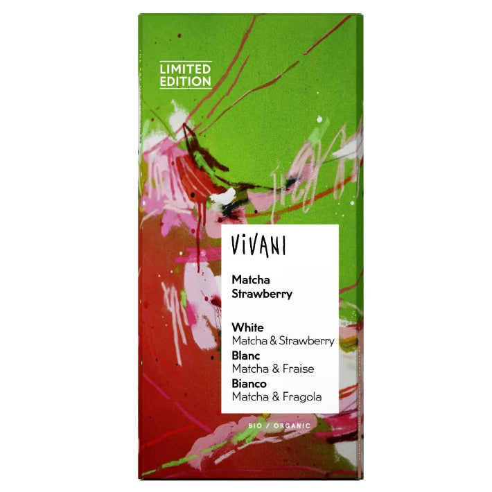 Vivani Luomu Matcha Mansikka valkosuklaa 80 g – rajoitetun erän luomusuklaa mansikanpaloilla