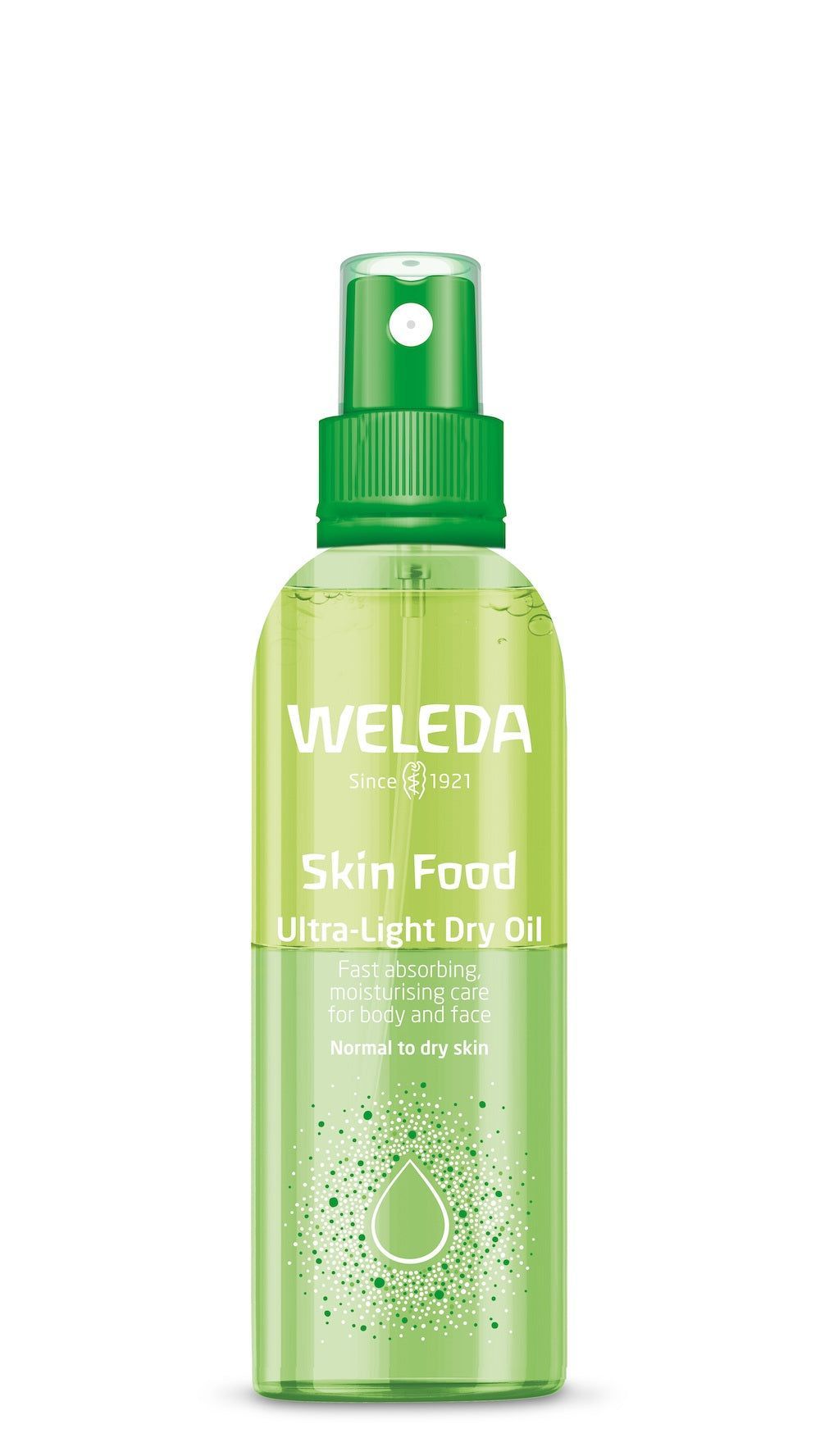 Weleda Skin Food Ultra-Light Dry Oil; vihreä suihkepullo nopeasti imeytyvälle kosteuttavalle vartalo- ja kasvoöljylle ravitsevin kasviuutteineen, sopii normaalille ja kuivalle iholle; pullo läpikuultavaa vihreää muovia mattapinnalla ja pyöristetyin hartioin; etiketissä valkoista groteskitekstiä tuotenimestä ja kuvauksesta; ei ihmisiä tai käsiä, vaalea tausta.