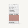 A box of Wild Nutrition Complete Beauty Support capsules, labeled for women. The rectangular box is matte white with black and pink lettering in a clean sans-serif font. Benefit statements for skin, hair, nails, collagen formation, cell protection, and hyaluronic acid are visible on the front panel. No people or hands appear; the background is plain and light-colored. The shot is front-facing.