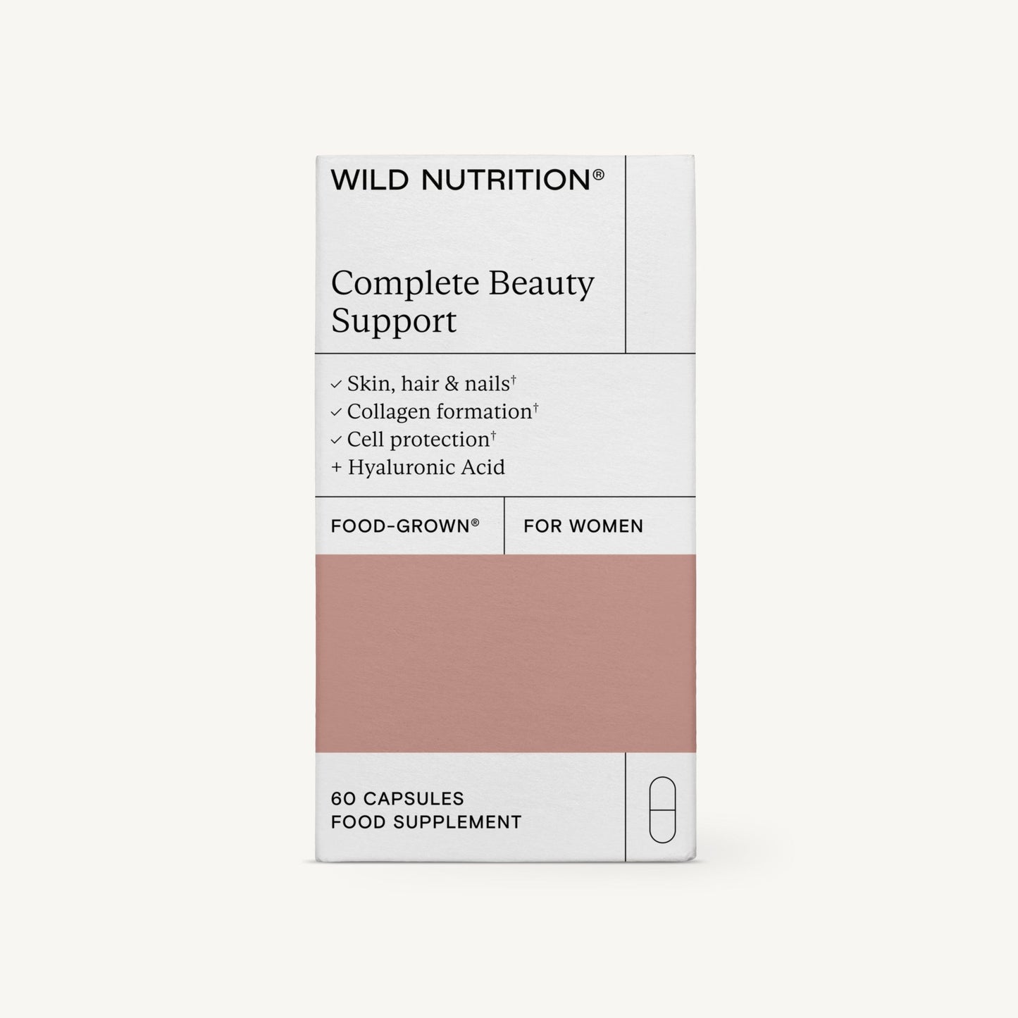 A box of Wild Nutrition Complete Beauty Support capsules, labeled for women. The rectangular box is matte white with black and pink lettering in a clean sans-serif font. Benefit statements for skin, hair, nails, collagen formation, cell protection, and hyaluronic acid are visible on the front panel. No people or hands appear; the background is plain and light-colored. The shot is front-facing.