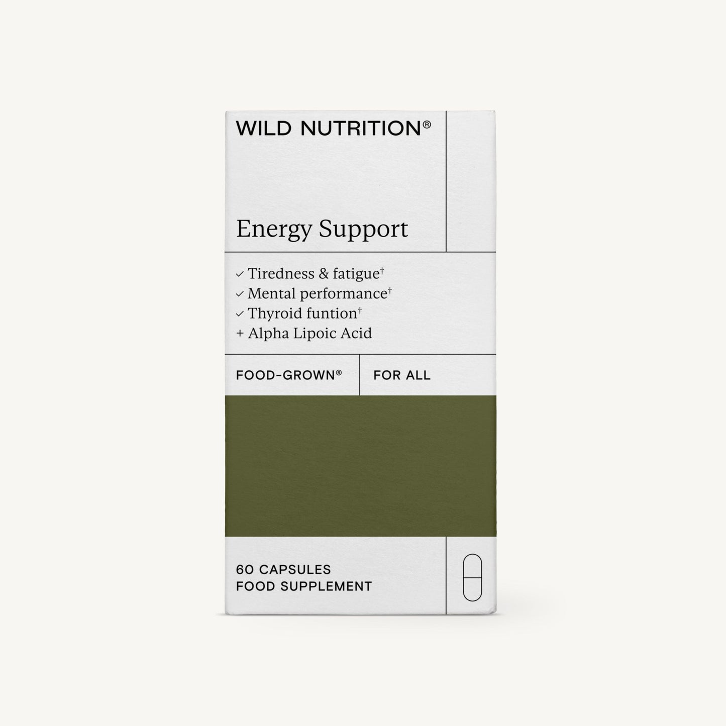 A white box of Wild Nutrition Energy Support food supplement, featuring tiredness and fatigue reduction, mental performance, thyroid function support, and alpha lipoic acid. Contains 60 capsules. The box is rectangular with a matte finish. Text is centered in sans-serif font and dark print. No people or hands visible. Background is plain and neutral. The shot is a clear front-facing product image.