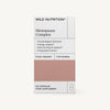 Wild Nutrition Menopause Complex -pakkaus, naisten ravintolisä, teksti korostaa hyötyjä kuten energian tukea ja luuston vahvuutta, sisältää 60 kapselia; laatikko suorakulmainen mattapinnalla neutraalein sävyin ja tekstausvapaalla typografialla; päätekstissä selkeästi näkyvissä etupuolella; tuote yksinkertaisella taustalla; ei ihmisiä tai käsiä näkyvissä.