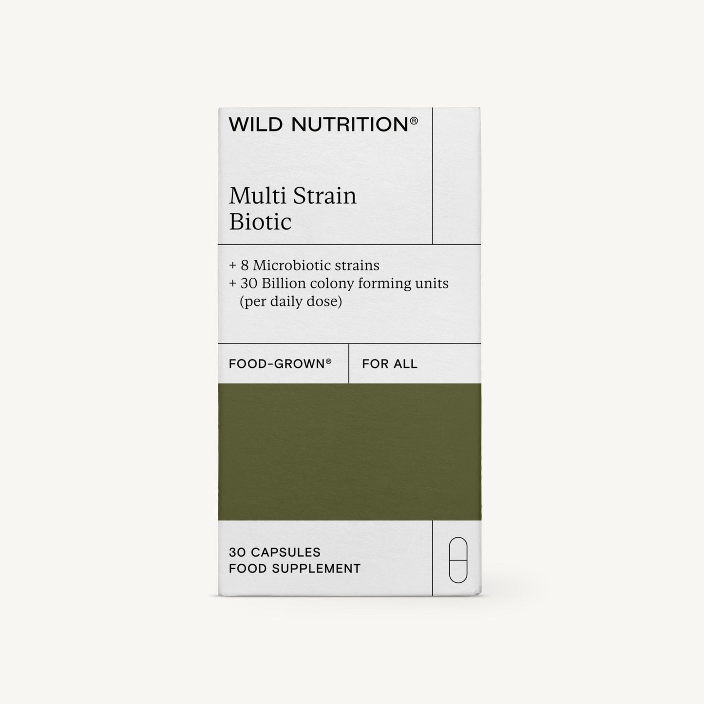 A box of Wild Nutrition Multi Strain Biotic food supplement containing 30 capsules is shown. The box is rectangular, has a matte white surface with dark gray and blue text. The label states “8 microbiotic strains” and “30 billion CFU per daily dose.” Serif and sans-serif fonts are used. No people or hands are visible. Neutral studio background, front-facing shot. A box of Wild Nutrition Multi Strain Biotic food supplement containing 30 capsules, featuring details about 8 microbiotic strains and 30 billion