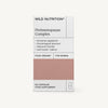 A box of Wild Nutrition Perimenopause Complex food supplement for women, containing 60 capsules, with features like hormone regulation and saffron extract. The packaging is rectangular, white with a pink section, and displays black sans-serif text. The surface finish looks matte. Only the outer carton is visible; no people or hands shown. The background is plain white.