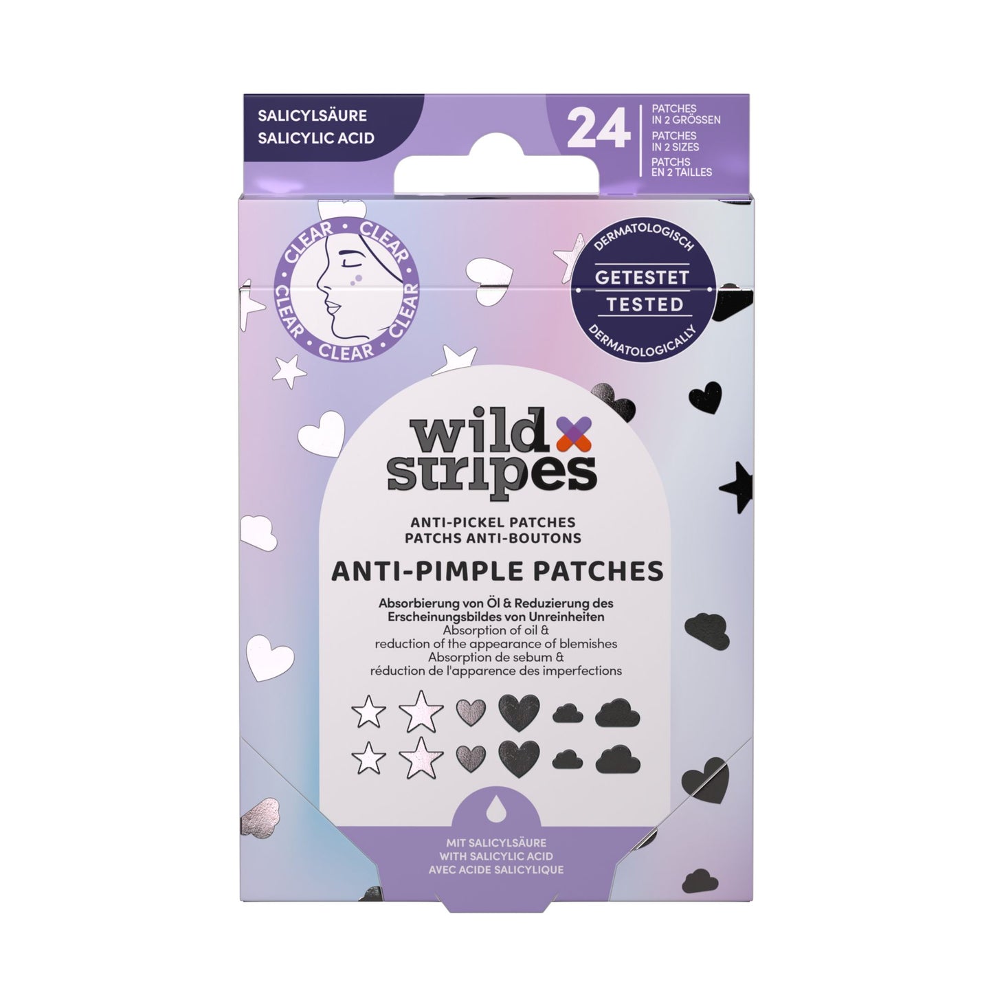 Wild Stripes Holo Clear -finnilaastaripakkaus, 24 tähti-, sydän- ja pilvilaastaria salisyylihapolla