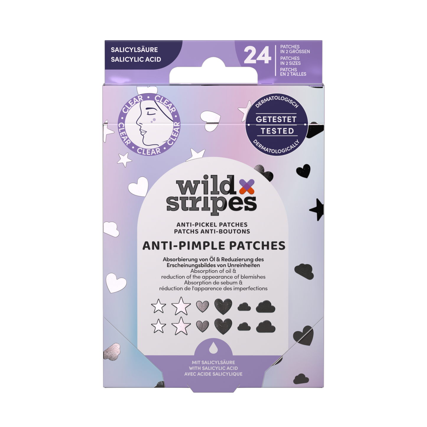 Wild Stripes Holo Clear -finnilaastaripakkaus, 24 tähti-, sydän- ja pilvilaastaria salisyylihapolla