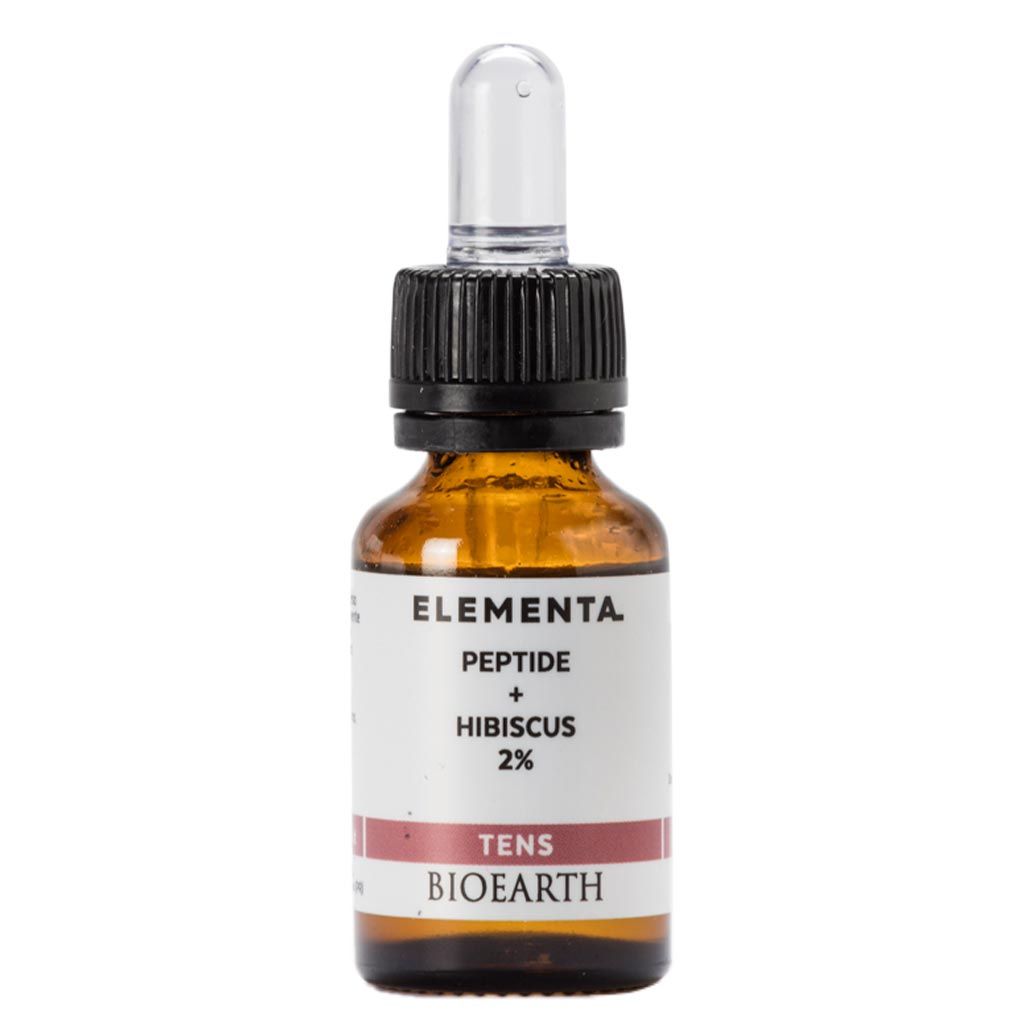 A small amber dropper bottle labeled Elementa Peptide + Hibiscus 2%, TENS, Bioearth is displayed with a black cap and clear glass dropper against a white background. The bottle is cylindrical glass with a glossy surface and the label uses sans-serif typography in black and red. There are no people or hands visible in this product photo.