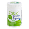 A white plastic bottle of Calcia Luusto Tripla K2 + D3 + Ca vegan calcium supplements is shown with a glossy finish, rounded cylindrical shape, and a solid blue screw-on cap. The Finnish label features clear sans-serif typography and a Finnish flag symbol. The background is plain white, shot from the front with no people present.