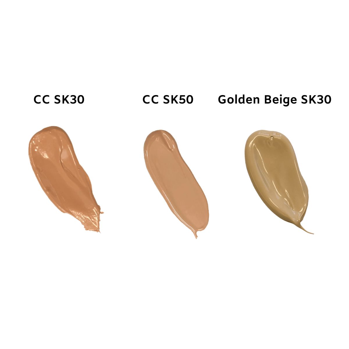 Dhyvana CC Sävytetty aurinkovoide kasvoille SK30 Golden Beige; kolme meikkivoidenäytettä nimillä CC SK30 (lämmin beige), CC SK50 (vaalea beige) ja Golden Beige SK30 (kellertävä beige) valkoisella taustalla; näytteet kermaisia, suorakulmaisia raitoja sileän ja hieman kiiltävän pinnan kera; etiketit yksinkertaista groteskitekstiä kunkin sävyn vieressä; ei pakkausta tai ihmisiä kuvassa.