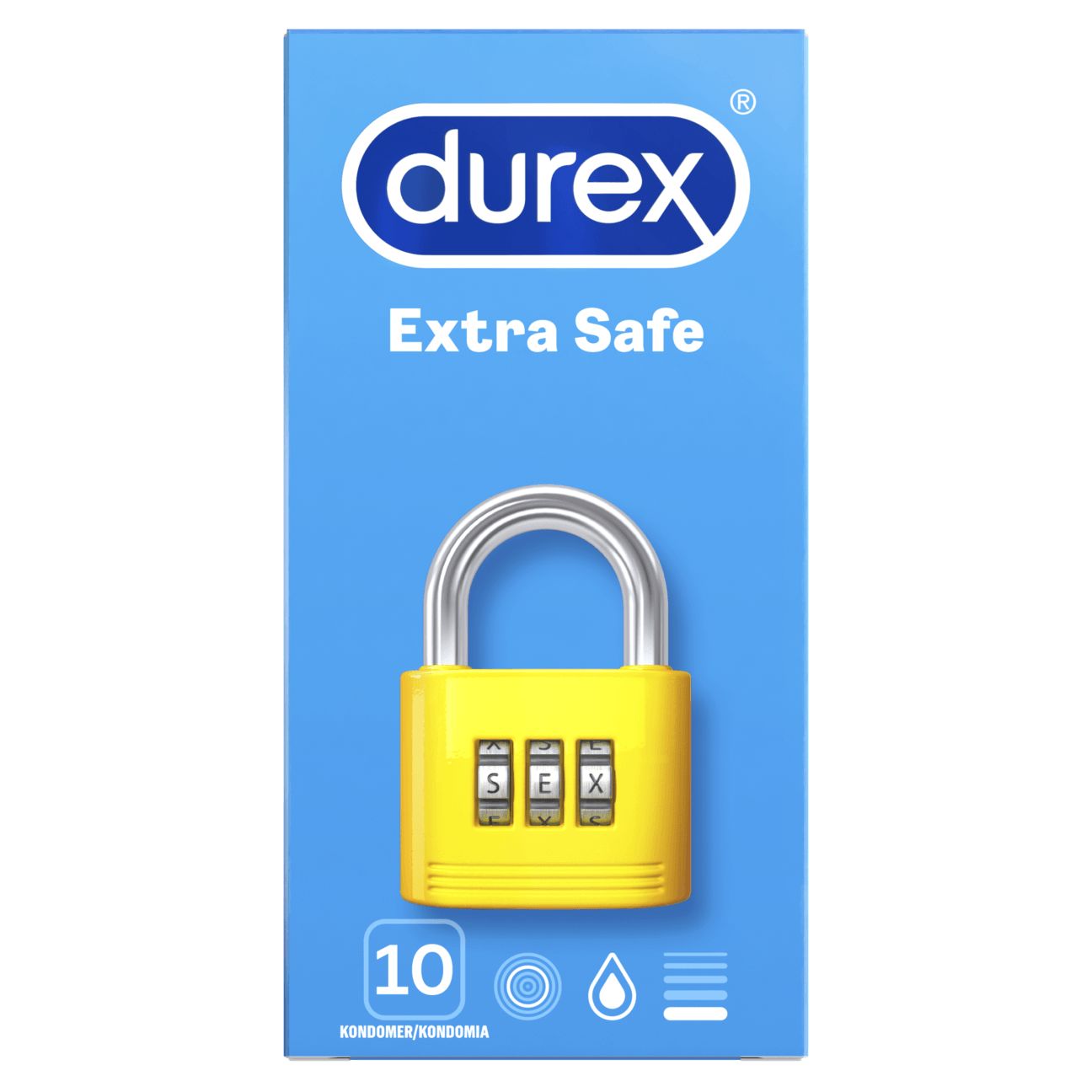Durex Extra Safe -kondomipakkaus; sininen, kiiltäväpintainen ja suorakulmainen pahvirasia; keskellä kuva keltaisesta munalukosta, jonka yhdistelmänä sana "SEX"; teksti "10 condoms" selkeällä tekstausvapaalla kirjasimella; alareunassa rivi turvallisuusikoneita; kuvattu valkoista studiotaustaa vasten, ei ihmisiä tai käsiä näkyvissä.