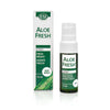 A 15 ml ESI Aloe Fresh spray bottle and its box, labeled for fresh breath with mint flavor and enriched with aloe. The packaging is green and white with aloe imagery, featuring text in English and Spanish. Both items have a rectangular shape; the bottle appears plastic with a glossy finish, while the box is matte cardboard. Sans-serif font is used on both package surfaces. The background is plain white, no people or hands present, image taken from eye level showing both front labels fully visible.