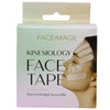 Box of FACEIMAGE Kinesiology Face Tape, featuring a profile of a woman with several pieces of kinesiotape applied to her face. The box is rectangular with a glossy finish, printed in white and blue tones. Text includes product name and “Kinesiotape for face” in English and Finnish in sans-serif font on the front. Shot is cropped close to show the front design only.