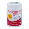 Ferroforte 100; valkoinen muovipullo mattapintaisena kierrekorkilla, sylinterinmuotoinen; etiketin teksti suomeksi ja ruotsiksi kertoo sisältävän 100 tablettia, joista jokainen 100 mg rautaa sekä C-vitamiinia; ei ihmisiä tai käsiä kuvassa; neutraali, siisti studiotausta.