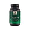 Foodin Korean Chlorella Tabletti; tummanruskea pullo, jossa vihreää ja valkoista tekstiä sekä klorellakasvin kuvituksia; lieriömäinen, mattapintainen muovipullo ja litteä tumma korkki; otsikoissa lihavoitua groteskityyppiä; tuote kuvattu edestäpäin vaalealla taustalla.