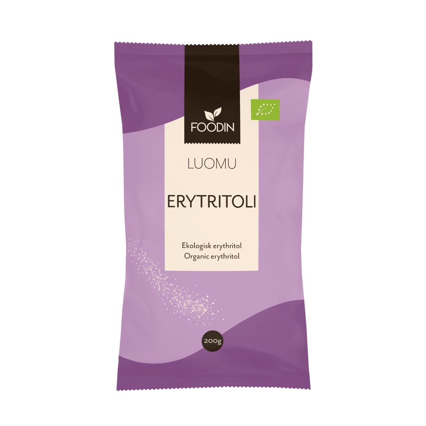 Foodin Luomu Erytritoli, 200 g; violetti pussi, suomen- ja englanninkielistä tekstiä; oikeassa yläkulmassa vihreä luomumerkki ja vasemmalla kuvitus kimaltelevasta makeutusjauheesta; mattapintainen, pyöristetyillä reunoilla varustettu, pystyssä seisova pakkaus; selkeää valkoista groteskitekstiä; vaalea tausta, ei ihmisiä.