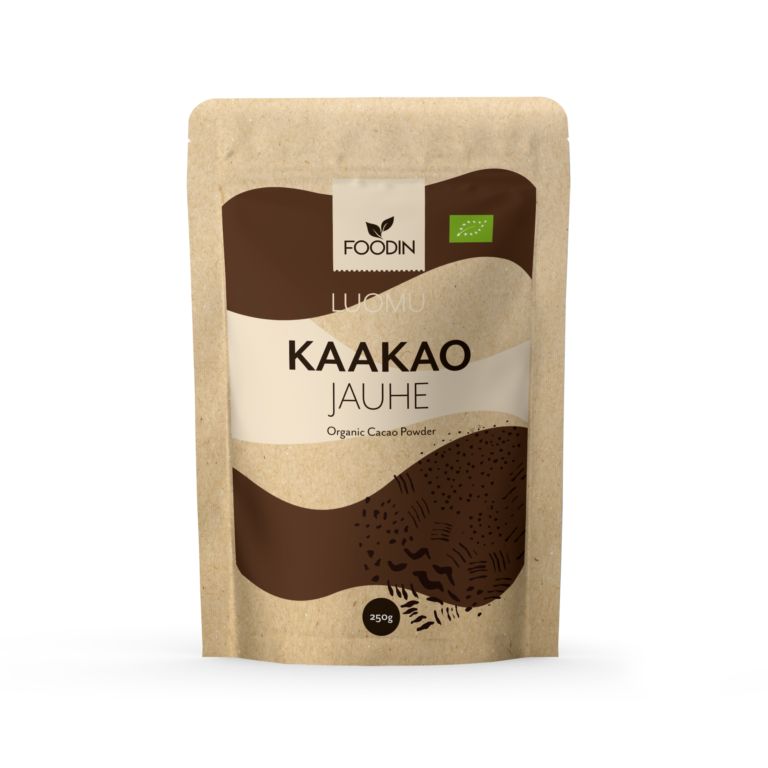 Foodin Luomu Kaakaojauhe -pussi, 250 g; ruskea-beige mattapintainen seisova pussi, lihavoitu groteskiteksti, kaakaopapukuvitus ja vihreä luomusertifiointimerkki