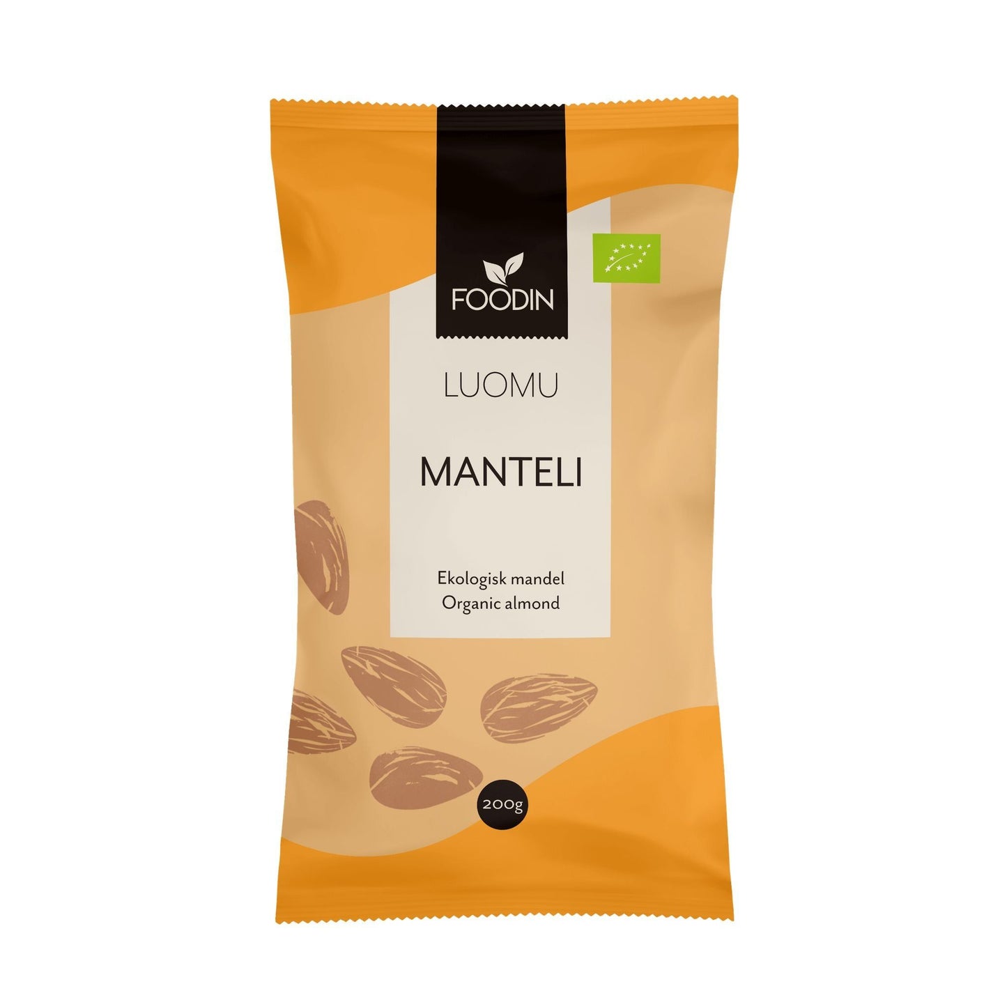 Foodin Luomu Manteli -pakkaus, keltainen ja beige, kuvitus manteleista ja 200 g paino, teksti suomeksi ja ruotsiksi; mattapintainen suorakulmainen joustava muovipussi uudelleensuljettavalla yläosalla; tumma tekstausvapaa logo yläosassa, suuri lihavoitu tuotenimi etupuolella; kuvatyyppi lähikuva tuotteesta ilman näkyvää taustaa; ei ihmisiä tai käsiä näkyvissä.