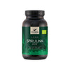 Foodin Luomu Spirulina Jauhe; tumma, lieriömäinen, mattapintainen purkki; etiketissä vihreitä korostuksia ja tyyliteltyjä spirulinalehtikuvia sekä lyhyt tuoteteksti; sisältää puhdasta, luomua spirulinajauhetta; tuote kuvattu edestäpäin vaalealla taustalla, ei ihmisiä.