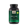 Foodin Luomu Spirulina Jauhe; tumma, lieriömäinen, mattapintainen purkki; etiketissä vihreitä korostuksia ja tyyliteltyjä spirulinalehtikuvia sekä lyhyt tuoteteksti; sisältää puhdasta, luomua spirulinajauhetta; tuote kuvattu edestäpäin vaalealla taustalla, ei ihmisiä.