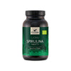 A dark cylindrical bottle made of opaque material with a matte finish. It has a green label displaying “Foodin Luomu Spirulina Tabletti” in clear, bold sans-serif type, along with stylized plant illustrations and an organic certification logo. The packaging suggests it contains organic spirulina tablets. The product is shown against a plain background with no people or props in the image.