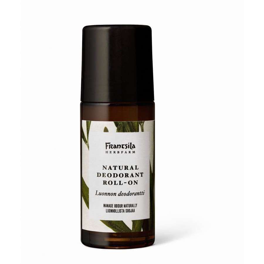 Frantsila Herb Farm Natural Deodorant Roll-On; ruskea pullo mustalla korkilla ja valkoisella etiketillä, jossa vihreitä lehtiä ja yrttiuutteita esittäviä kuvituksia; pullo lieriömäinen, sileä ja kiiltäväpintainen; valkoisessa etiketissä tummaa groteskitekstiä eri kokoina sekä useiden vihreiden kasvien kuvituksia; kuvassa vain tuote vaalealla, kevyellä taustalla; ei ihmisiä tai käsiä.