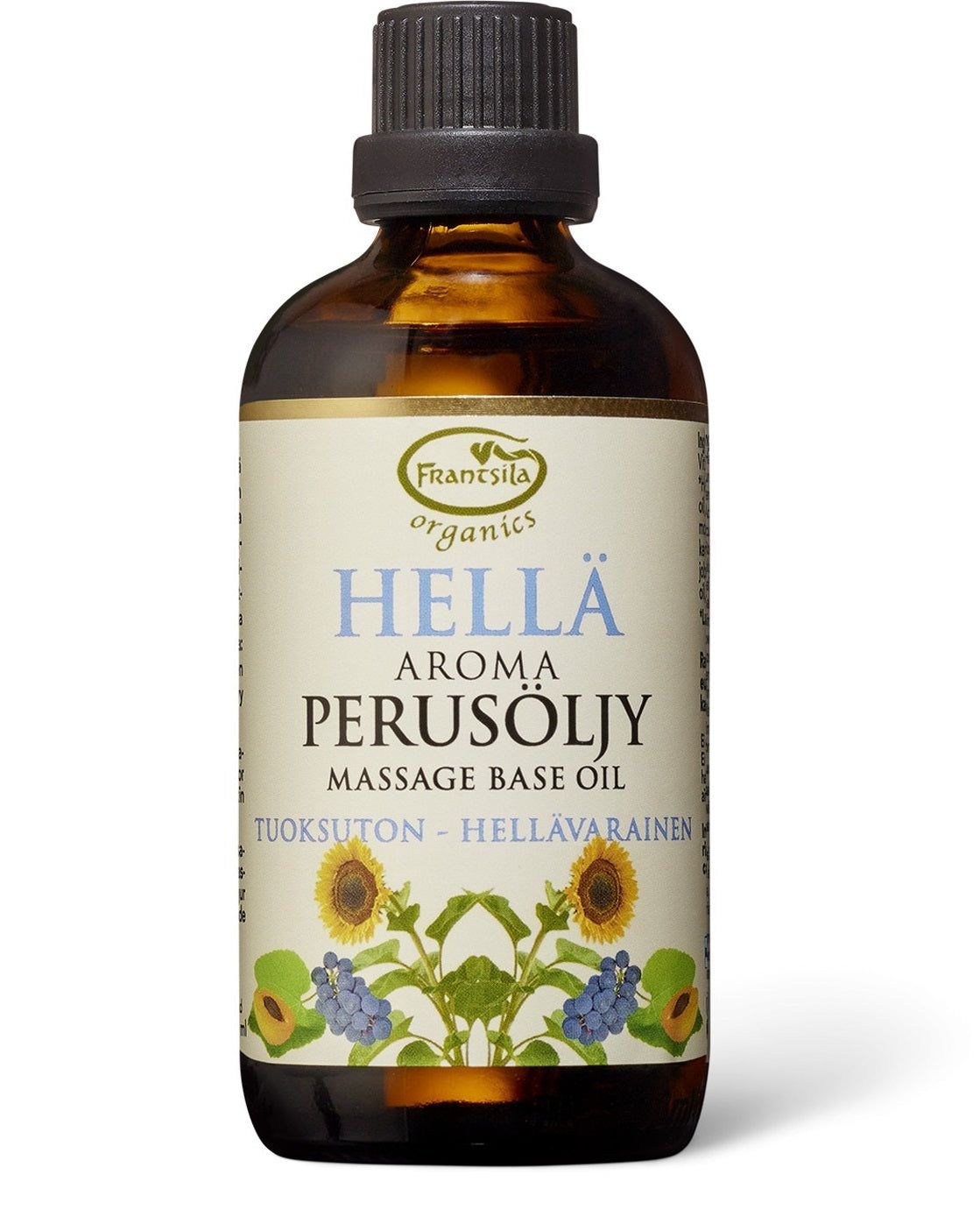 Frantsila Organics Hellä Aroma Perusöljy -pullo, ruskea lasi, kukkakuvitus ja musta korkki; kiiltäväpintainen, teksti suomeksi ja englanniksi luonnonaineksista, vaalea kukkakuvioitu tausta etiketissä