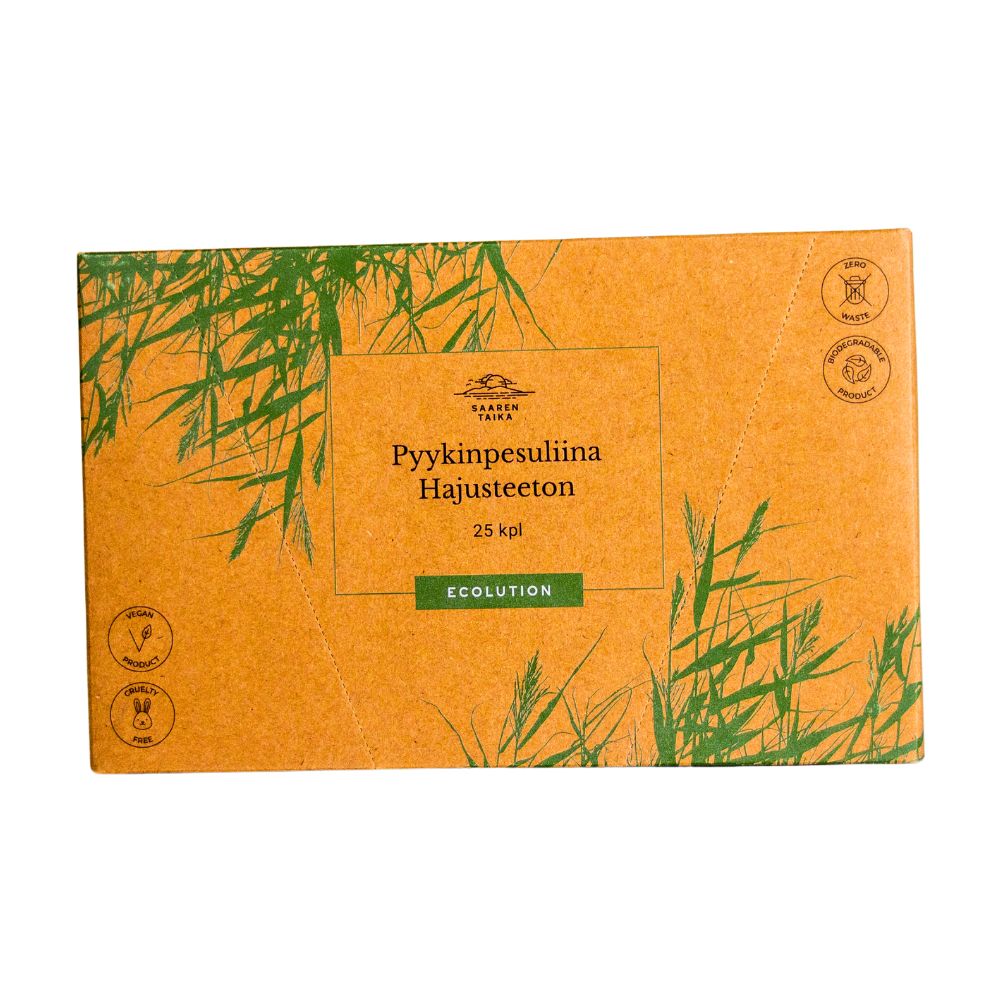 A brown cardboard box with green plant designs and text in Finnish reading Pyykinpesuliina Hajusteeton 25 kpl. The box has a matte finish and rectangular shape. It shows eco-label symbols and the word Ecolution, with other product details printed in clear, sans-serif fonts. The photo background is neutral with no visible people or hands.