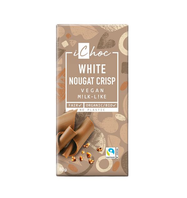 A chocolate bar labeled iChoc White Nougat Crisp Vegan Milk-Like. Packaging is rectangular, beige with off-white and brown abstract shapes in a matte finish. The label uses sans-serif and handwriting-style fonts for product name and details. Text notes fair, organic, vegan, no plastic. Several certification logos are aligned at the bottom of the package. No people or props are visible; plain background; studio shot.