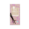 A bar of iChoc White Vanilla vegan chocolate with a purple heart pattern, vanilla beans, and labels for organic, Fairtrade, and plastic-free packaging, weighing 80g. Chocolate is rectangular with a matte finish. The outer wrapper is mainly beige with contrasting purple graphics. Product name is in bold white font on brown background. No people or hands visible; shot on plain surface.