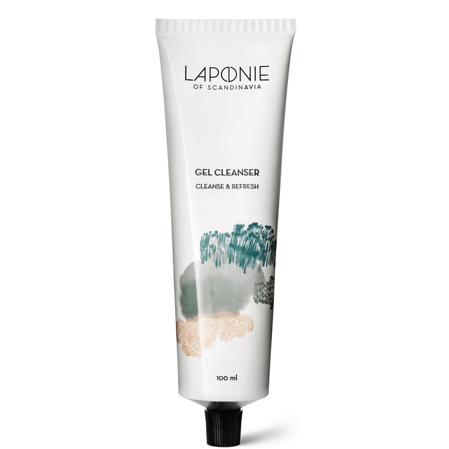 Laponie of Scandinavia Puhdistusgeeli; valkoinen mattapintainen muovituubi mustalla korkilla, tekstillä "Laponie of Scandinavia Gel Cleanser 100 ml" yksinkertaisella groteskikirjasimella; pakkauksessa pieniä abstrakteja kuvioita sinisen, harmaan ja beigen sävyissä; tuubi pystyssä vaalealla taustalla, ei ihmisiä tai toimintaa kuvassa.