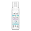 A white bottle of Lavera Basis Sensitiv Cleansing Foam with a pump dispenser, featuring blue and green label accents, organic and vegan symbols, and text highlighting soothing aloe vera and almond oil for sensitive skin. The bottle is plastic with a matte surface finish. Label has sans-serif type in different sizes, mostly black text on white background with blue highlights. Product photographed against a plain white backdrop. No people or hands in the image.