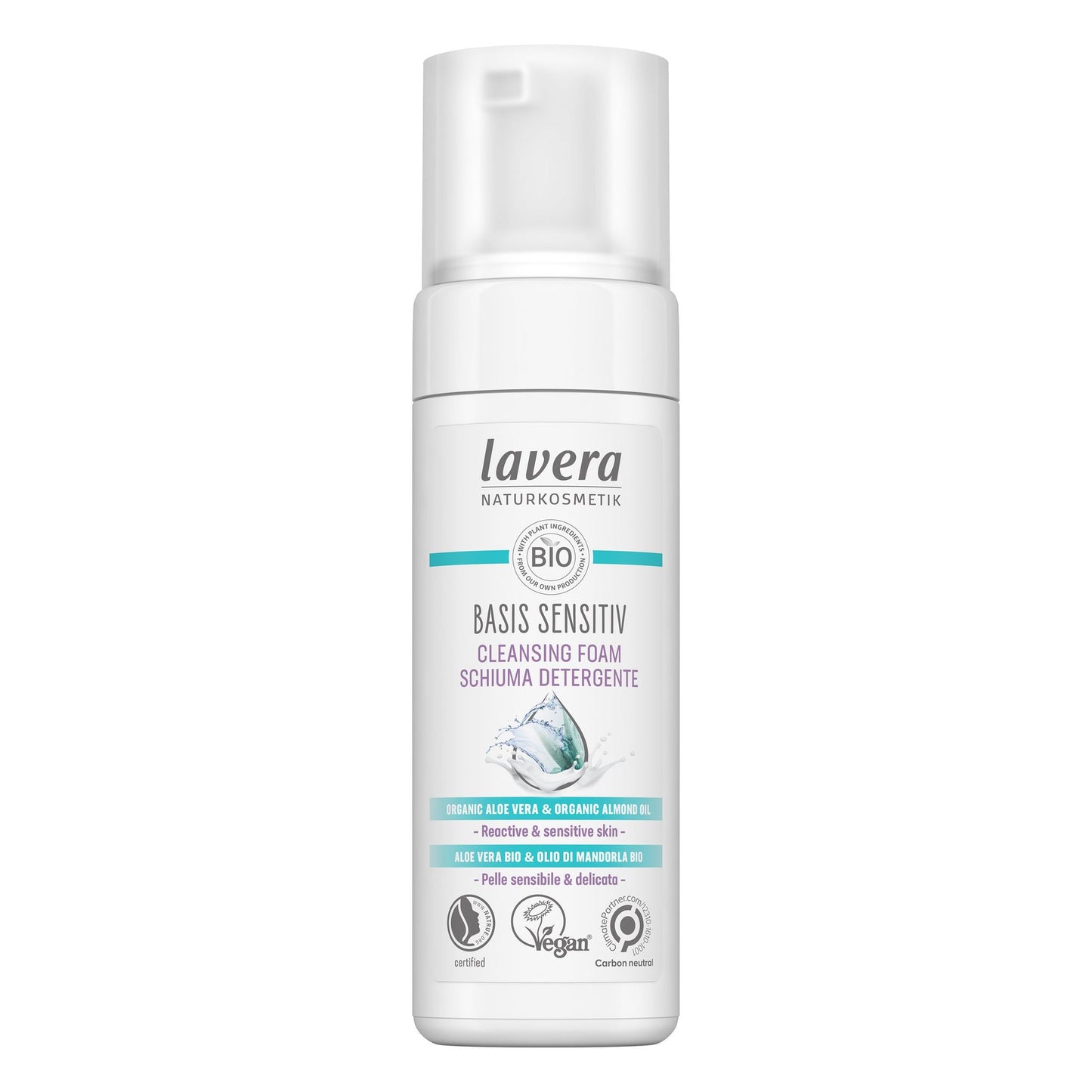 A white bottle of Lavera Basis Sensitiv Cleansing Foam with a pump dispenser, featuring blue and green label accents, organic and vegan symbols, and text highlighting soothing aloe vera and almond oil for sensitive skin. The bottle is plastic with a matte surface finish. Label has sans-serif type in different sizes, mostly black text on white background with blue highlights. Product photographed against a plain white backdrop. No people or hands in the image.