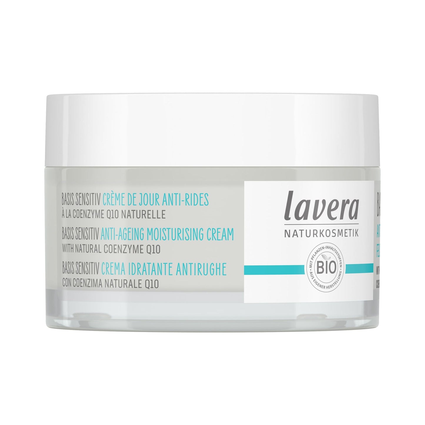 A white jar of Lavera Basis Sensitiv Anti-Ageing Moisturising Cream with natural coenzyme Q10, featuring text in English, French, and Italian. The cylindrical jar has a matte white body and a shiny white lid. Label shows teal and gray accents with sans-serif font, mentioning moisturising benefits. No people or hands visible. Neutral background, product centered in frame.