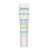 A tube of Lavera Basis Sensitiv Anti-Falten Augencreme with Q10, labeled as natural cosmetic and vegan, shown upright against a white background. The tube is white with blue accents, has a matte finish, and features sans-serif typography. No people or hands are visible. The image is a straightforward product shot with clear labeling on the front of the tube.