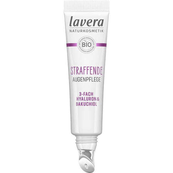 A tube of Lavera Naturkosmetik Straffende Augenpflege eye cream with 3-fach hyaluron and bakuchiol, featuring a cooling metal applicator tip for gentle application. The tube is white with silver accents, a matte finish, and has black and grey printed text in sans-serif fonts. Product name and ingredients are visible on the front label. The background is plain white. No people or hands visible.