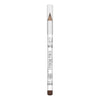 A brown eyebrow pencil with a white barrel, clear cap, and bold black text and logos on the packaging stands upright on a white background. The pencil is cylindrical, with a glossy plastic finish on both barrel and cap. Typography is bold sans-serif in black. No people or hands visible. Shot is a simple product photo with no props.