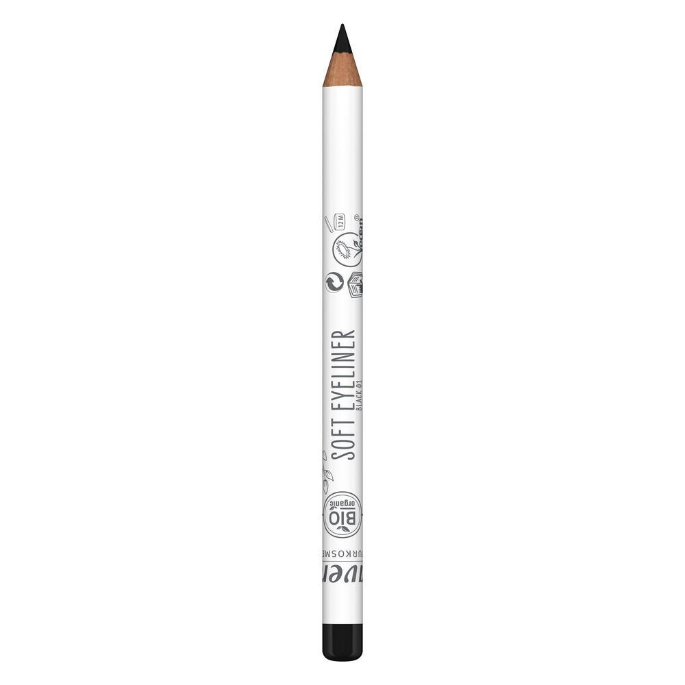 Lavera Soft Eyeliner Silmänrajauskynä Musta; valkoinen kynä mustalla kärjellä, useita sertifiointikuvakkeita ja musta korkki toisessa päässä; lieriön muotoinen mattapintainen runko; yksinkertainen groteskiteksti "Soft Eyeliner"; vaalea tausta, ei ihmisiä.