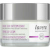 A jar of Lavera Naturkosmetik Firming Day Cream with hyaluronic acid and bakuchiol, featuring bio-certified ingredients for effective daily skincare. The label displays text in multiple languages, emphasizing its natural formulation. The round jar has a white plastic lid and clear base with a matte finish. Product name appears in sans-serif type; shot is close-up on a plain white background.