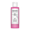 Lavera Soft Eye Silmämeikinpoistoaine; vaaleanpunainen pullo Lavera Naturkosmetik Soft Eye Make-Up Remover -tuotetta valkoisella etiketillä, jossa brändinimi, BIO-luomumerkintä ja tuotetiedot; pullo sileän sylinterinmuotoinen valkoisella korkilla; etiketin teksti keskitetty groteskikirjasimella; tuote valkoisella taustalla eristetyssä studiokuvassa, ei ihmisiä tai käsiä kuvassa.