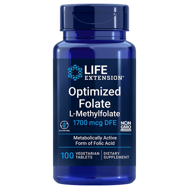Life Extension Optimized Folate; sininen sylinterinmuotoinen muovipullo mattapintaisena ruuvikorkilla; etiketissä teksti "Life Extension Optimized Folate L-Methylfolate 1700 mcg DFE" selkeällä groteskikirjasimella, lisäksi "100 vegetarian tablets", "gluten-free" ja "non-GMO formula"; tuote kuvattu valkoisella taustalla, ei ihmisiä tai käsiä kuvassa.