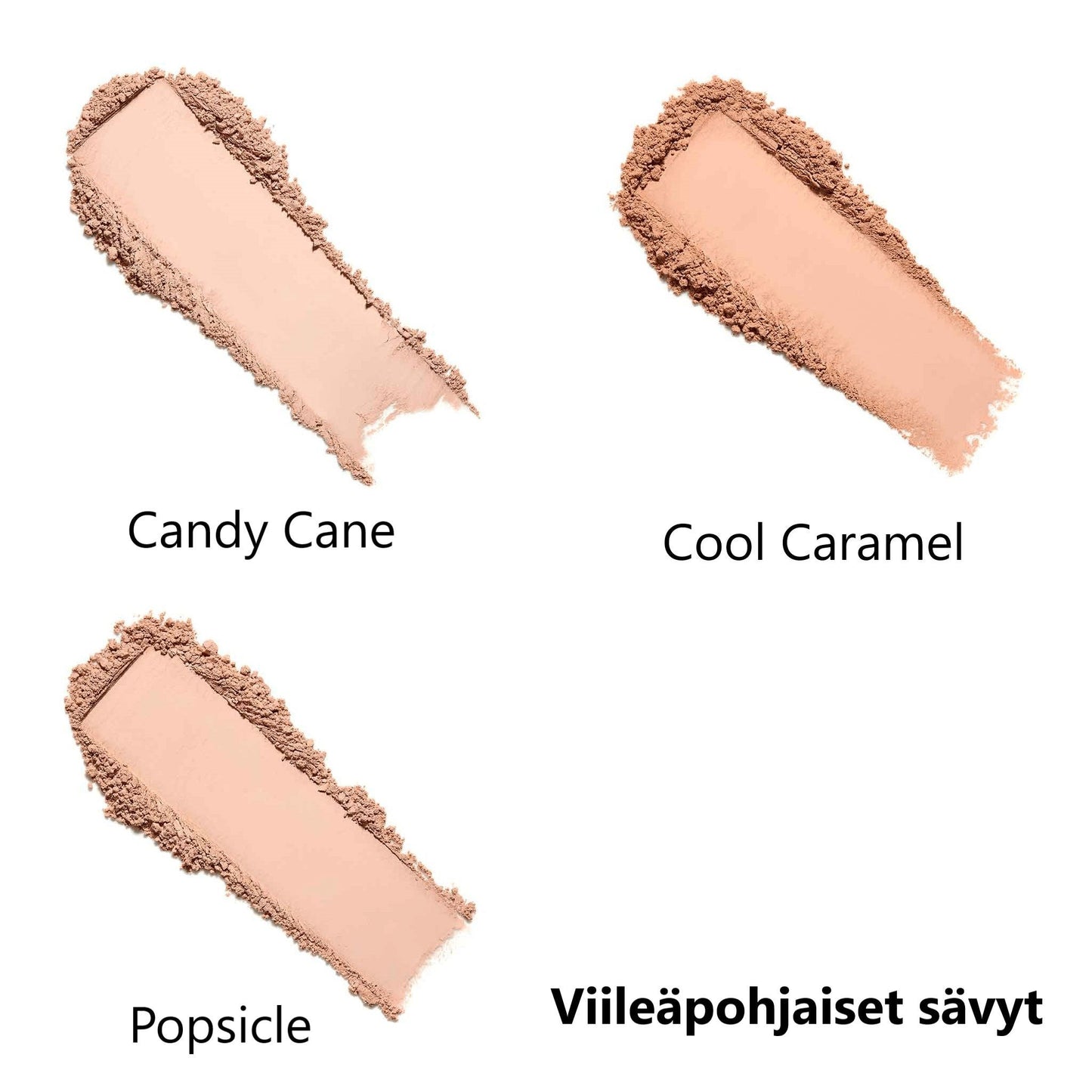 Lily Lolo mineraalimeikkipuuteri SPF15; kolme puuterin sävynäytettä nimillä Candy Cane, Cool Caramel ja Popsicle vaakasuorina raitoina valkoisella taustalla, mattapintainen; alle kirjoitetut nimet yksinkertaisella groteskilla; oikeassa alakulmassa suomenkielinen teksti "Viileäpohjaiset sävyt"; ei pakkausta.