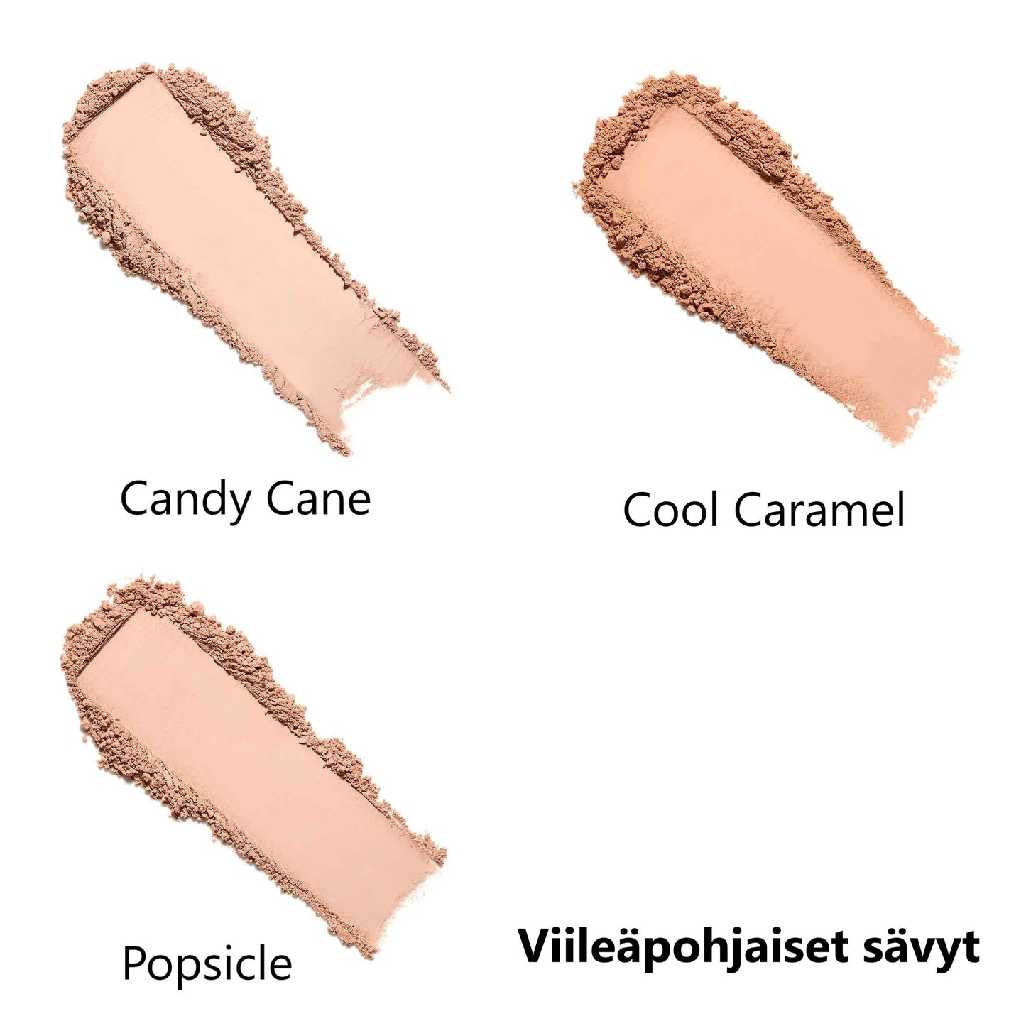 Three swatches of makeup powder labeled Candy Cane, Cool Caramel, and Popsicle are shown on a white background. Matte surface finish is visible. The powders are arranged in horizontal stripes with typed labels beneath each swatch using a simple sans serif font. Finnish text Viileäpohjaiset sävyt appears in the bottom right corner. No packaging, people, or actions present.